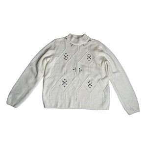 Womens ALFRED DUNNER Ivory Chenille Rhinestone Embellished Mock Neck Sweater PM